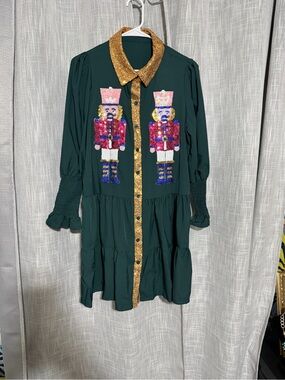 Green Nutcracker Sequin Tunic Dress with Gold Trim Size Adult Medium NWOT